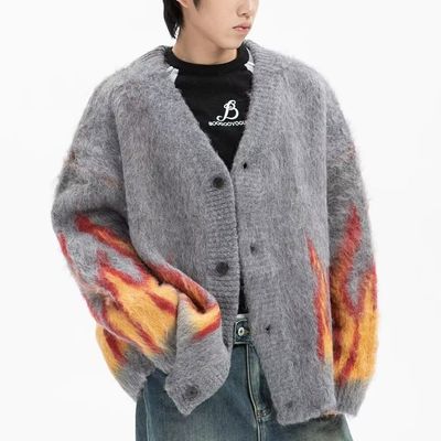 Computer Knitted Winter Flame Jacquard V-neck Men's Sweater for Casual Comfortability