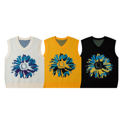 Men's Sunflower Custom V-neck Pullovers Sweater Knitted Vest Sleeveless Jacquard Jumpers