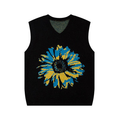 Men's Sunflower Custom V-neck Pullovers Sweater Knitted Vest Sleeveless Jacquard Jumpers