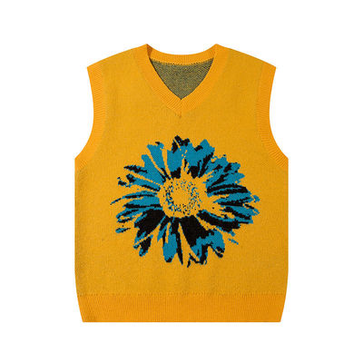 Men's Sunflower Custom V-neck Pullovers Sweater Knitted Vest Sleeveless Jacquard Jumpers