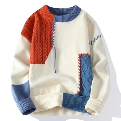 Round Neck Autumn Winter Mens Christmas Sweaters Korean Streetwear Patchwork Pullover