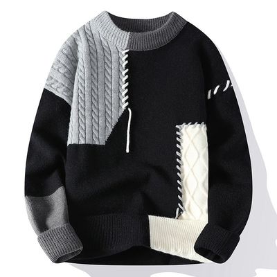 Round Neck Autumn Winter Mens Christmas Sweaters Korean Streetwear Patchwork Pullover