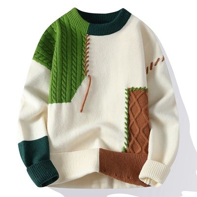 Round Neck Autumn Winter Mens Christmas Sweaters Korean Streetwear Patchwork Pullover