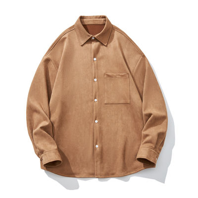 Men's Winter 2023 Suede Solid Color Long Sleeve Shirt with Pockets and Loose Fit Style