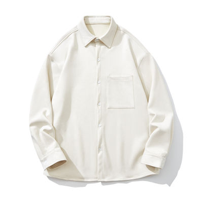 Men's Winter 2023 Suede Solid Color Long Sleeve Shirt with Pockets and Loose Fit Style