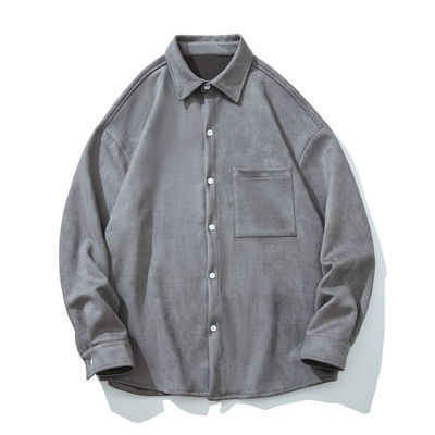Men's Winter 2023 Suede Solid Color Long Sleeve Shirt with Pockets and Loose Fit Style
