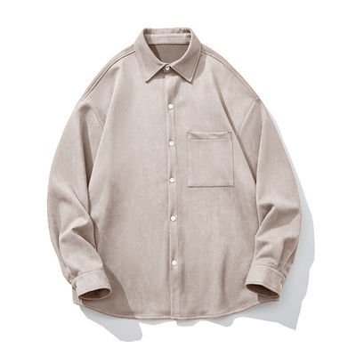 Men's Winter 2023 Suede Solid Color Long Sleeve Shirt with Pockets and Loose Fit Style