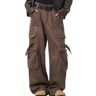 Loose Straight Leg Casual Trousers for Men Vintage Multi-Pocket Deerskin Overalls
