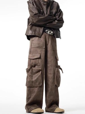 Loose Straight Leg Casual Trousers for Men Vintage Multi-Pocket Deerskin Overalls