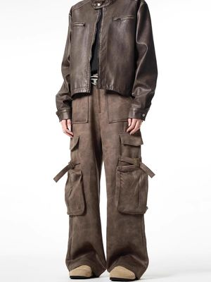 Loose Straight Leg Casual Trousers for Men Vintage Multi-Pocket Deerskin Overalls