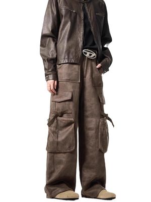Loose Straight Leg Casual Trousers for Men Vintage Multi-Pocket Deerskin Overalls