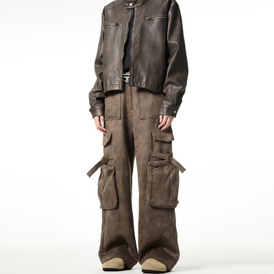 Loose Straight Leg Casual Trousers for Men Vintage Multi-Pocket Deerskin Overalls