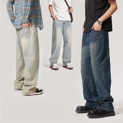 Mid Waist Type Men's Denim Trousers Custom Washed Straight Jeans with Light Plaid Print