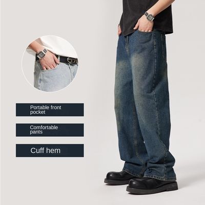 Mid Waist Type Men's Denim Trousers Custom Washed Straight Jeans with Light Plaid Print