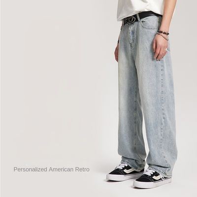 Mid Waist Type Men's Denim Trousers Custom Washed Straight Jeans with Light Plaid Print