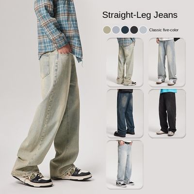 Mid Waist Type Men's Denim Trousers Custom Washed Straight Jeans with Light Plaid Print
