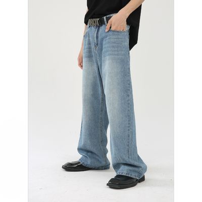 woven Polyester/Cotton Men's Straight Blue Jeans with Digital printing