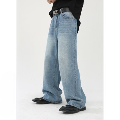 woven Polyester/Cotton Men's Straight Blue Jeans with Digital printing