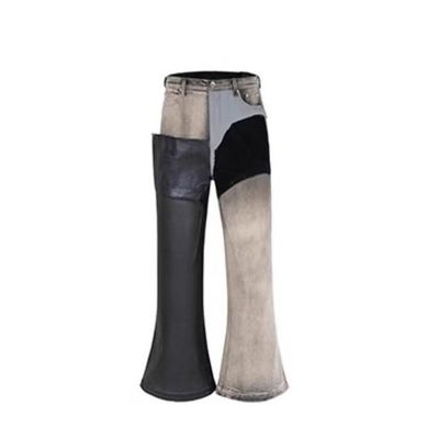 Mid Waist Denim Fabric Custom Washed Raw Edge Patchwork Flared Trousers Jeans For Men