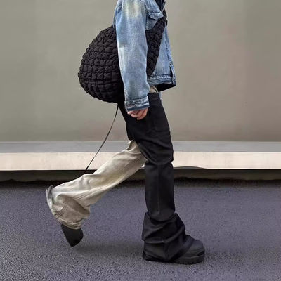 Mid Waist Denim Fabric Custom Washed Raw Edge Patchwork Flared Trousers Jeans For Men
