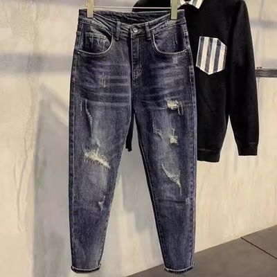 Mid Waist XMAMLON Men's Hip Hop Streetwear Skinny Ripped Damage Jeans Pants Trousers