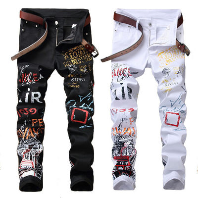 Winter Logo Pattern Digital Printing Mens Jeans Night Club Black White Designer Jeans Men
