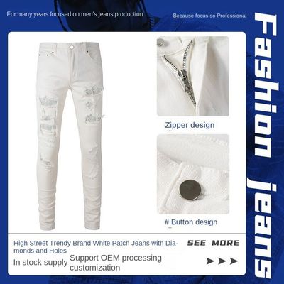 Cotton Denim Stretch Skinny Sustainable Print Men's Straight Pencil Jeans