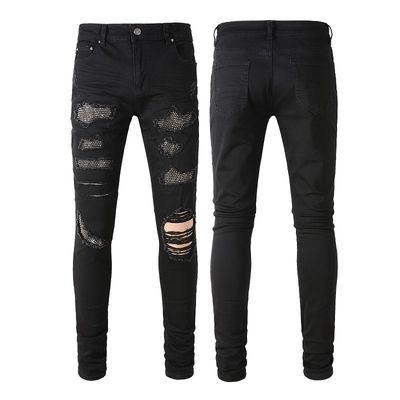 Double-Layer Waistband Fold Design Black Rhinestone Stacked Skinny Denim Jeans for Men