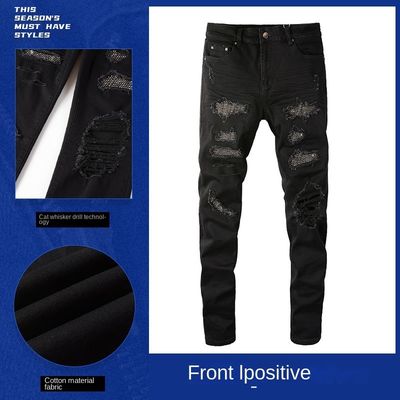 Double-Layer Waistband Fold Design Black Rhinestone Stacked Skinny Denim Jeans for Men