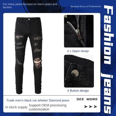 Double-Layer Waistband Fold Design Black Rhinestone Stacked Skinny Denim Jeans for Men