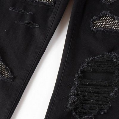 Double-Layer Waistband Fold Design Black Rhinestone Stacked Skinny Denim Jeans for Men