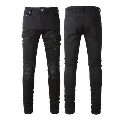 Woven Black Casual Breathable Ripped Stretch Elastic Designer Patch Mens Jeans Pants