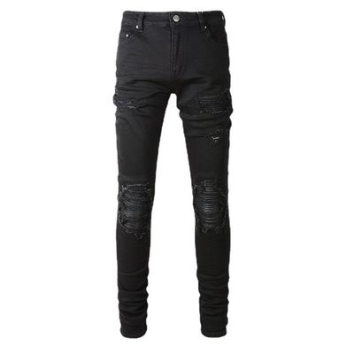 Woven Black Casual Breathable Ripped Stretch Elastic Designer Patch Mens Jeans Pants