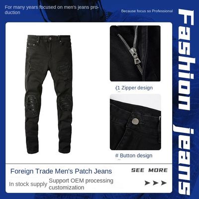 Woven Black Casual Breathable Ripped Stretch Elastic Designer Patch Mens Jeans Pants