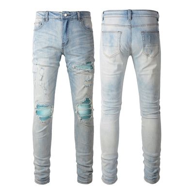 PUNK STYLE Men's Ripped Skinny Mid-waist Blue Denim Vintage Washed Stretch