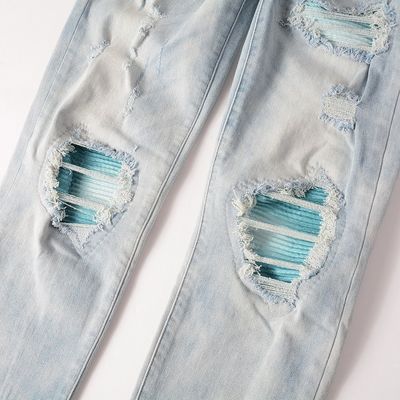 PUNK STYLE Men's Ripped Skinny Mid-waist Blue Denim Vintage Washed Stretch