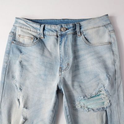 PUNK STYLE Men's Ripped Skinny Mid-waist Blue Denim Vintage Washed Stretch