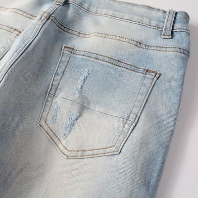 PUNK STYLE Men's Ripped Skinny Mid-waist Blue Denim Vintage Washed Stretch