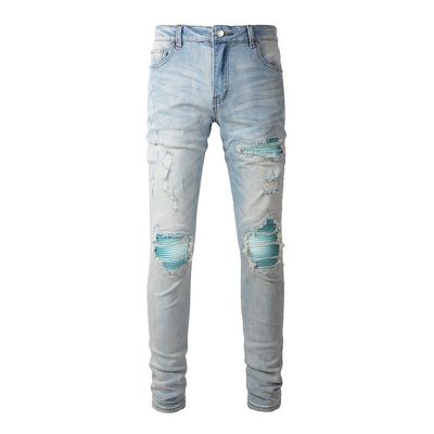 PUNK STYLE Men's Ripped Skinny Mid-waist Blue Denim Vintage Washed Stretch