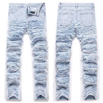 Mid Waist Destroyed Washed Denim Straight Leg Jeans Men's Pants Trousers