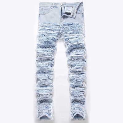 Mid Waist Destroyed Washed Denim Straight Leg Jeans Men's Pants Trousers