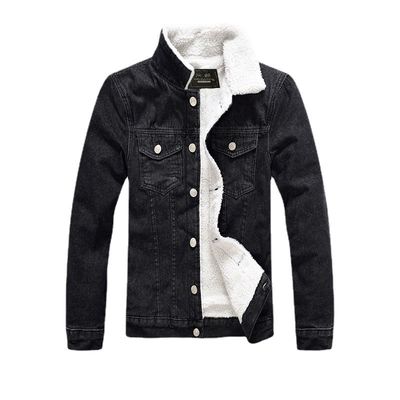 Men's Velvet Hoodie Denim Coat Winter Plus Size Black Slim Fit Thick Lambskin Wool Jacket