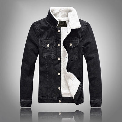 Men's Velvet Hoodie Denim Coat Winter Plus Size Black Slim Fit Thick Lambskin Wool Jacket