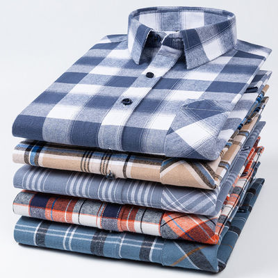 Plus Size Business Shirts in 100% Cotton with Brushed Plaid Collar and Long Sleeves