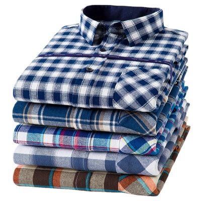 Plus Size Business Shirts in 100% Cotton with Brushed Plaid Collar and Long Sleeves