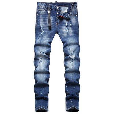 Men's Worn Craft Slim Fit Mid Waist Baggy Jeans with Digital Printing Hanging Stickers