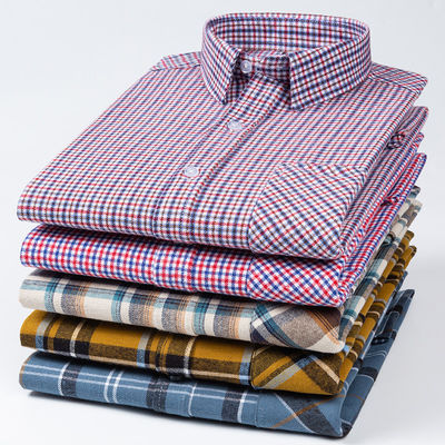 Plus Size Business Shirts in 100% Cotton with Brushed Plaid Collar and Long Sleeves