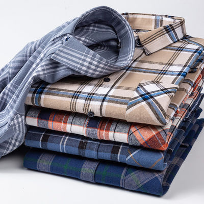 Plus Size Business Shirts in 100% Cotton with Brushed Plaid Collar and Long Sleeves