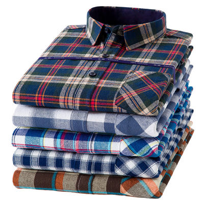Plus Size Business Shirts in 100% Cotton with Brushed Plaid Collar and Long Sleeves