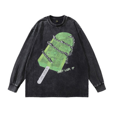 250Grams Washed Long-Sleeved Men's Sweater Retro Hip Hop Round Neck Sweater Fabric